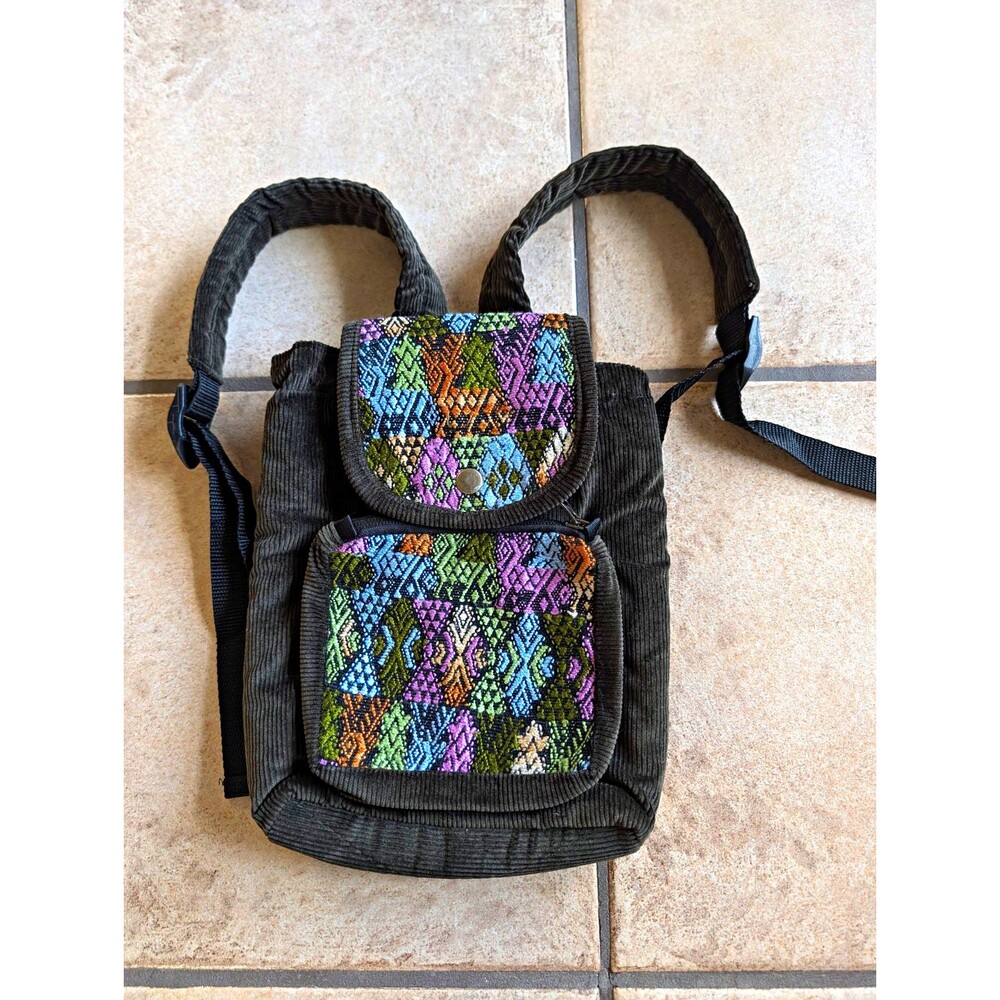 Ixchel Green Corduroy Mini Backpack Guatemala Woven Festival Hippie Purse 90s